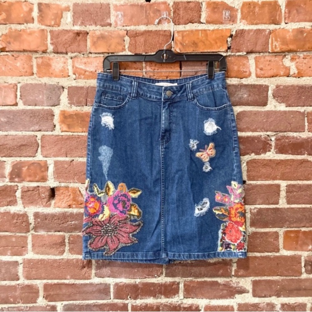 Cecelia Prado Floral Butterfly‎ Distressed Jean Mini Skirt Jean Size Small
